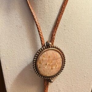 Vintage Bolo Tie Natural Stone 2” Pendant Brown Braided Leather Western